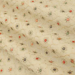 Off White Cotton Golden Zari Floral Thread Mirror Work Sequin Embroidery Fabric
