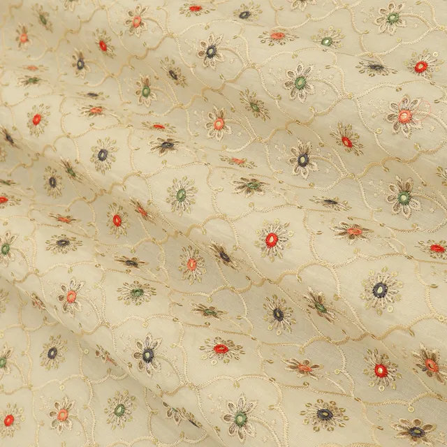Off White Cotton Golden Zari Floral Thread Mirror Work Sequin Embroidery Fabric