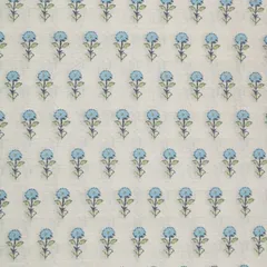 Pristine White and Blue Floral Printed Chanderi Handloom