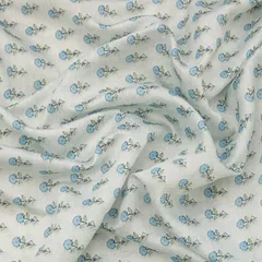 Pristine White and Blue Floral Printed Chanderi Handloom
