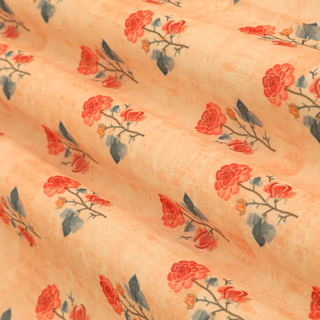 Peach and Red Floral-Print Georgette Fabric