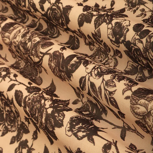 Beige and Black Floral-Print Georgette Fabric