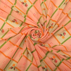 Peach Checkered Floral-Print Georgette Fabric
