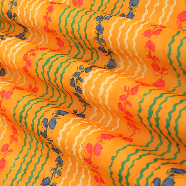 Marigold Yellow Multicoloured Abstract Stripe Print Georgette Fabric