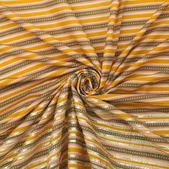 Bright Yellow & Olive Green Cotton Stripe Pattern Print Threadwork Border Gota work Sequin Embroidery Fabric