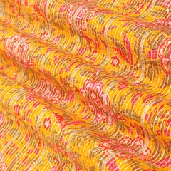 Bright Yellow Cotton Floral Print Threadwork Sequin Embroidery Gota Work Fabric