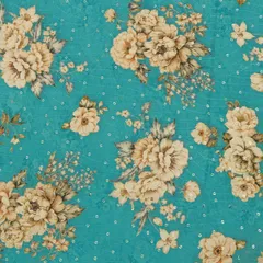 Blue Chinon Floral Print Sequin Embroidery Fabric