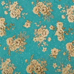Blue Chinon Floral Print Sequin Embroidery Fabric