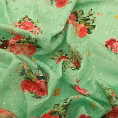 Pista Green Chinon Floral Print Sequin Embroidery Fabric