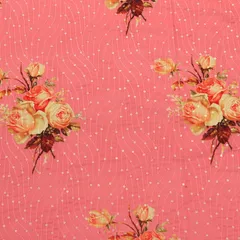 Fuscia Pink Chinon Floral Print Sequin Embroidery Fabric