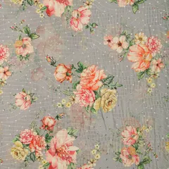 Coin Gray Chinon Floral Print Sequin Embroidery Fabric