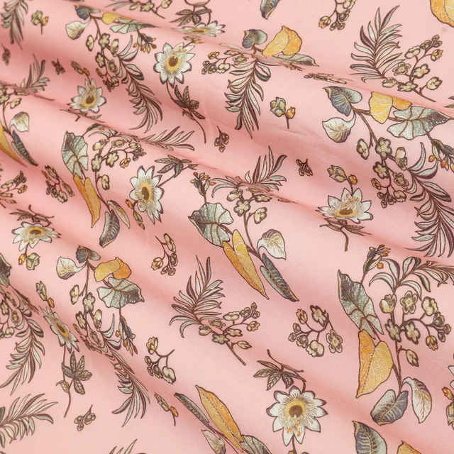 Blush Pink Mulmul Silk Floral Print Fabric