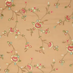 Peach Georgette Threadwork Floral Sequins Beads Embroidery Fabric
