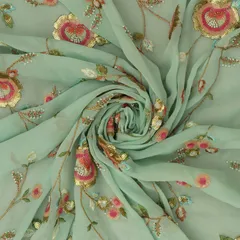 Powder Blue Georgette Threadwork Floral Sequins Beads Embroidery Fabric