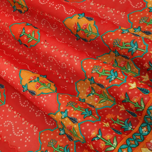 Indian Red & Orange Georgette Position Floral Bandhani Print Sequin Embroidery Fabric