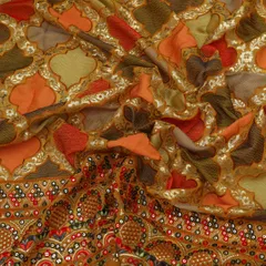 Mustard Yellow Georgette Threadwork Motif Border Mirror Work Sequin Embroidery Fabric