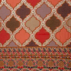 Coral Pink Georgette Threadwork Motif Border Mirror Work Sequin Embroidery Fabric