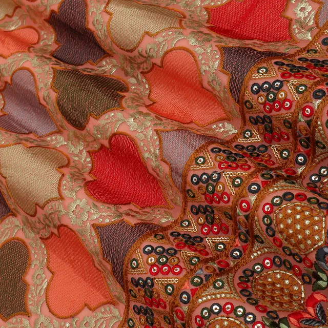 Coral Pink Georgette Threadwork Motif Border Mirror Work Sequin Embroidery Fabric