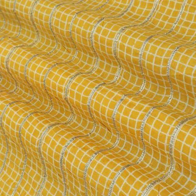 Daffodil Yellow Cotton Floral Print Gota Work Fabric
