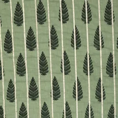 Green Cotton Floral Print Gota Work Fabric