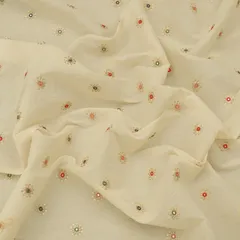 Ivory Cotton Floral Thread Mirror Work Sequin Embroidery Fabric