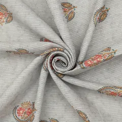 Gray Linen Floral Print Threadwork Sequin Embroidery Fabric