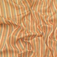 Cream & Orange Linen Stripe Pattern Print Sequin Embroidery Fabric