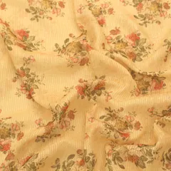 Beige Yellow Linen Floral Print Sequin Embroidery Fabric