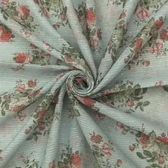 Slate Blue Linen Floral Print Sequin Embroidery Fabric