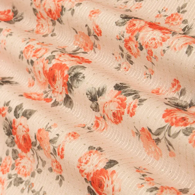 Rose Pink Linen Floral Print Sequin Embroidery Fabric
