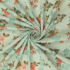 Turquoise Blue Linen Floral Print Sequin Embroidery Fabric