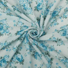 Light Aqua Linen Floral Print Sequin Embroidery Fabric
