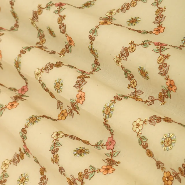 Chiffon White Cotton Multicolour Threadwork Floral Stripe Sequin Embroidery Fabric