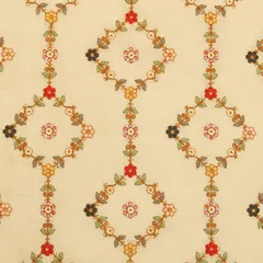 Parchment White Cotton Multicolour Threadwork Floral Stripe Sequin Embroidery Fabric