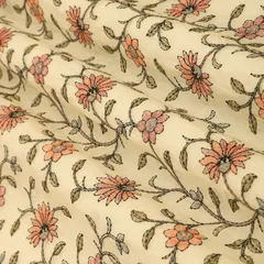 Ricotta White Cotton Indian Red Floral Threadwork Embroidery Fabric