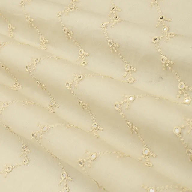 Cream Kora Cotton Zigzak Stripe Pattern Mirror Work Embroidery Fabric