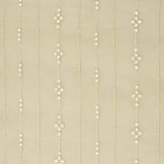 Snow White Kora Cotton Floral Stripe Pattern Mirror Work Embroidery Fabric