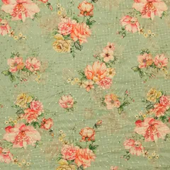 Light Green Chinon Floral Print Sequin Embroidery Fabric