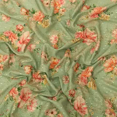 Light Green Chinon Floral Print Sequin Embroidery Fabric