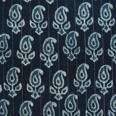 Navy BLue Motif Print Kalamkari Lurex Embroidery Fabric