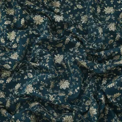 Teal Cotton Chanderi Floral Silver Zari Sequins Embroidery Fabric