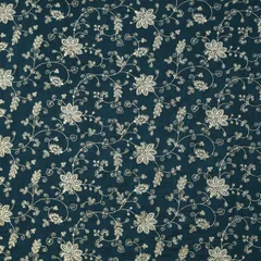 Teal Cotton Chanderi Floral Silver Zari Sequins Embroidery Fabric