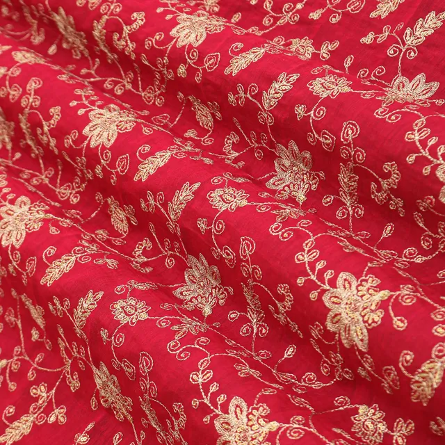 Rani Pink Cotton Chanderi Floral Golden Zari Sequins Embroidery Fabric