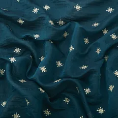 Teal Cotton Chanderi Zari Motif Sequins Embroidery Fabric