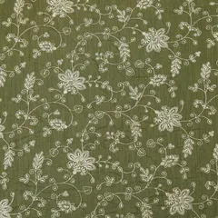 Moss Green Cotton Chanderi Floral Silver Zari Sequins Embroidery Fabric