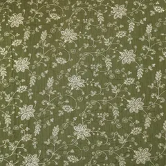 Moss Green Cotton Chanderi Floral Silver Zari Sequins Embroidery Fabric