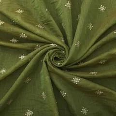 Fern Green Cotton Chanderi Silver Zari Motif Sequins Embroidery Fabric