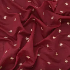 Maroon Cotton Chanderi Silver Zari Motif Sequins Embroidery Fabric