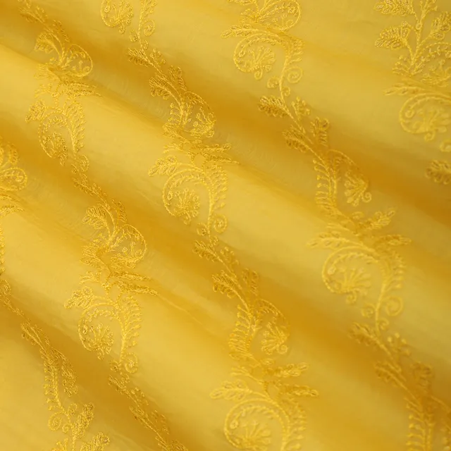 Canary Yellow Cotton Chanderi Floral Threadwork Sequins Embroidery Fabric