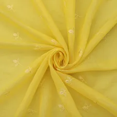 Yellow Cotton Chanderi Leaf Threadwork Sequins Embroidery Fabric